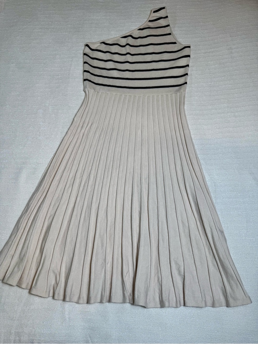 ZESICA One Shoulder Striped Pleated Midi Dress Cream Black Knit Size Large L